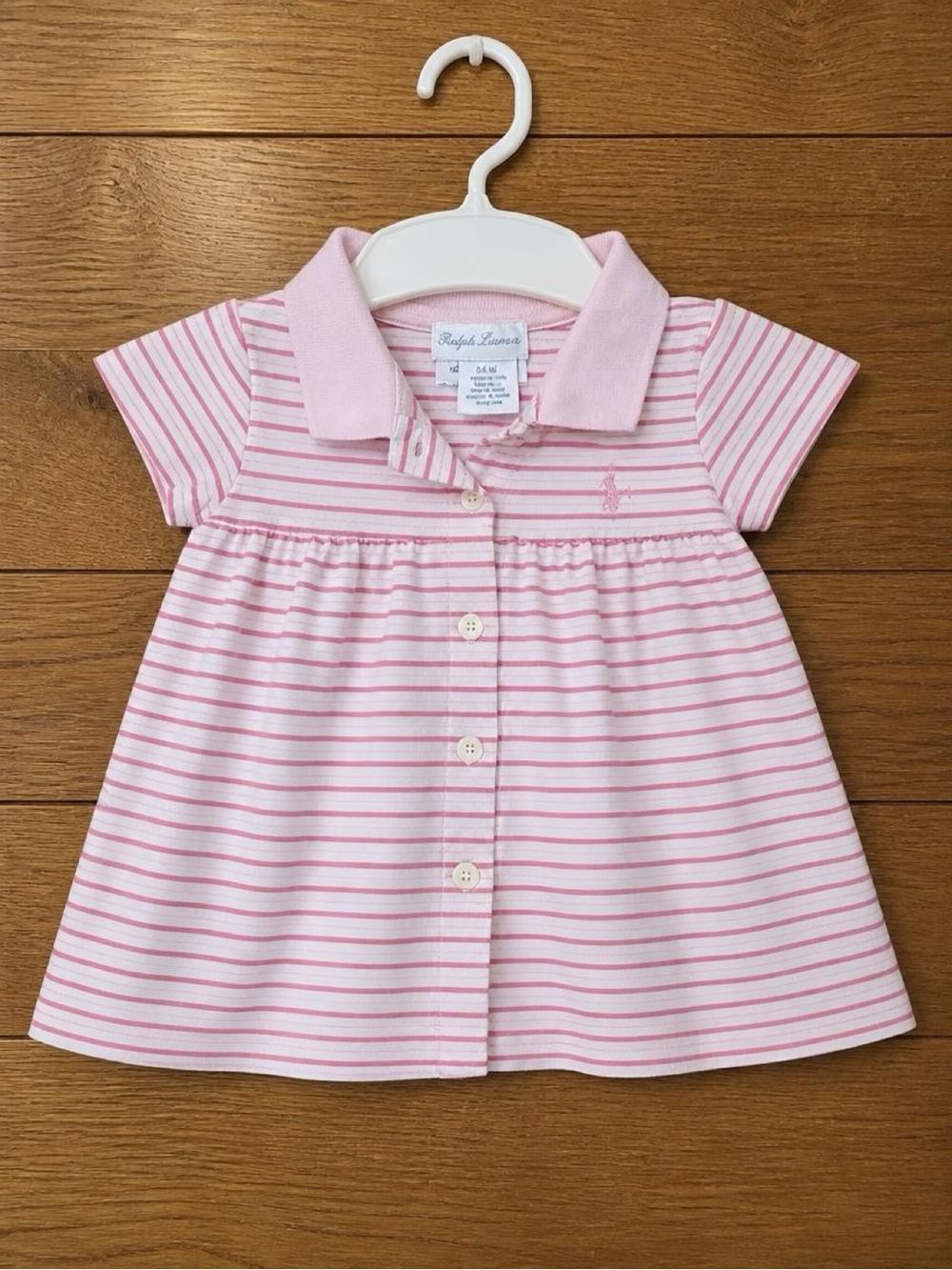 Ralph Lauren Baby Girl Pink White Striped Polo Dress 3M Button Front Cotton